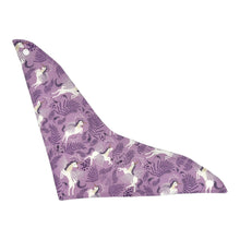 Load image into Gallery viewer, Baby bandana bib by Mimi's Little Loveys. White unicorns on a purple background. Leaf and flower details.