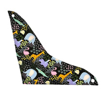 Load image into Gallery viewer, Baby bandana bib by Mimi's Little Loveys. Fun and vibrant design, featuring crocodiles, elephants, flamingos, giraffes, hippos, tortoises, plants, and flowers, on a black background. Backing is soft flannel.