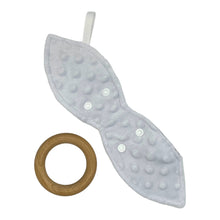 Load image into Gallery viewer, Baby Crinkle Teether by Mimi's Little Loveys. Fun, white, dinosaur skeletons on a gray background, and a wooden teething ring. Dimple dot white minky backing and detached wooden teething ring shown.