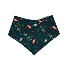 Load image into Gallery viewer, Baby bandana bib with foxes, rabbits, and musrooms, on a green background.