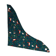 Load image into Gallery viewer, Baby bandana bib with foxes, rabbits, and musrooms, on a green background.