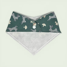 Load image into Gallery viewer, Baby bandana bib with rabbit and mushroom pattern on a teal background