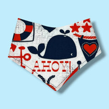 Load image into Gallery viewer, Baby bandana bib with navy blue and red nautical and whales design.