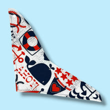 Load image into Gallery viewer, Baby bandana bib with navy blue and red nautical and whales design.