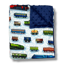 Load image into Gallery viewer, Blanket with steam trains and rolling stock design.