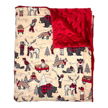 Load image into Gallery viewer, Baby and kids' blanket with bears, beavers, foxes, deer, and kids wearing buffalo plaid in winter. Showing reverse side red minky.