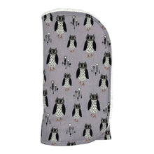 Load image into Gallery viewer, Burpcloth with owl pattern on a light purple background.
