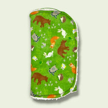 Load image into Gallery viewer, Burpcloth Set, with bears, foxes, hedgehogs, owls, raccoons, squirrels, on a green background.
