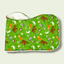 Load image into Gallery viewer, Burpcloth Set, with bears, foxes, hedgehogs, owls, raccoons, squirrels, on a green background.