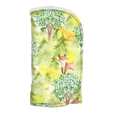 Load image into Gallery viewer, Burpcloth set by Mimi's Little Loveys. Features cute foxes, raccoons, squirrels in a forest scene. Shades of browns, oranges, grays, and greens, on a yellow background. Backing is white terry cloth.