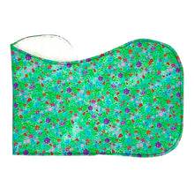 Load image into Gallery viewer, Folded burpcloth with purple, pink and red flowers on a green background.