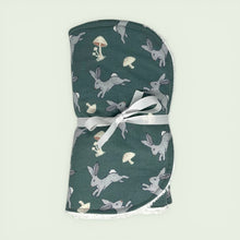 Load image into Gallery viewer, Folded burpcloth set with gray rabbis and mushrooms on a teal background.