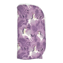 Load image into Gallery viewer, Folded burpcloth with unicorns pattern on a purple backing.