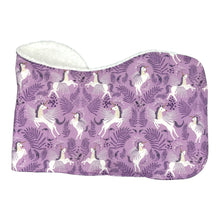 Load image into Gallery viewer, Folded burpcloth with unicorns pattern on a purple backing.