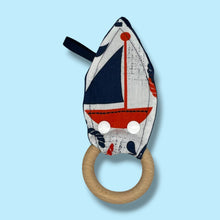 Load image into Gallery viewer, Baby teething toy with navy blue and red nautical design and wooden teething ring.