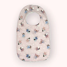 Load image into Gallery viewer, Baby bib with fairy pattern on a light pink background