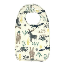 Load image into Gallery viewer, Everyday Baby bib with moose, bears, raccoons, and coyotes.