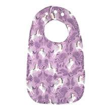 Load image into Gallery viewer, Purple bib with unicorn pattern on a white background