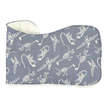 Load image into Gallery viewer, Burpcloth Set by Mimi's Little Loveys. Fun, white, dinosaur skeletons on a gray background. Backing is white terry cloth.