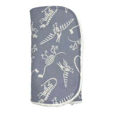 Load image into Gallery viewer, Burpcloth Set by Mimi's Little Loveys. Fun, white, dinosaur skeletons on a gray background. Backing is white terry cloth.