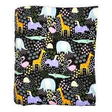 Load image into Gallery viewer, Baby Blanket by Mimi's Little Loveys. Fun and vibrant design, featuring crocodiles, elephants, flamingos, giraffes, hippos, tortoises, plants, and flowers, on a black background. Backing is dimple dot minky.