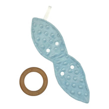 Load image into Gallery viewer, Teething toy unfolded rear view, with pale blue raised dot fabric, and wooden teething ring.
