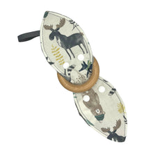 Load image into Gallery viewer, Interactive fabric teether with wooden ring and moose design.