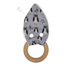 Load image into Gallery viewer, Teething ring with owl patterned fabric on a light purple background and wooden ring.