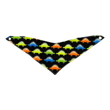 Load image into Gallery viewer, Black baby bandana bib with colorful dinosaur pattern on a white background. Bib is shown outstretched.