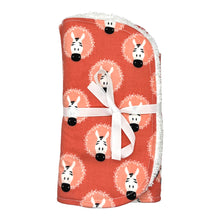 Load image into Gallery viewer, Folded burpcloth set with fun zebra design on a coral pink background.
