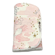 Load image into Gallery viewer, Burpcloth set by Mimi&#39;s Little Loveys. Whimsical mermaids &amp; narwhals on a light pink background with metallic gold accents.
