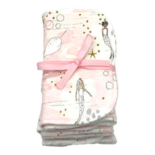 Load image into Gallery viewer, Burpcloth set by Mimi&#39;s Little Loveys. Whimsical mermaids &amp; narwhals on a light pink background with metallic gold accents.

