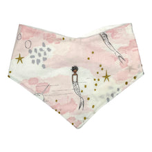 Load image into Gallery viewer, Baby bandana bib by Mimi&#39;s Little Loveys. Whimsical mermaids &amp; narwhals on a light pink background with metallic gold accents.
