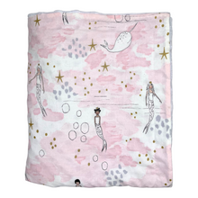 Load image into Gallery viewer, Baby blanket by Mimi&#39;s Little Loveys. Whimsical mermaids &amp; narwhals on a light pink background with metallic gold accents.
