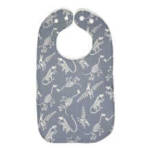 Load image into Gallery viewer, Baby Everyday bib by Mimi&#39;s Little Loveys. Fun, white, dinosaur skeletons on a gray background. Backing is white terry cloth.
