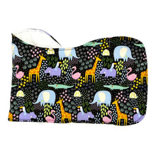 Load image into Gallery viewer, Burpcloth set by Mimi&#39;s Little Loveys. Fun and vibrant design, featuring crocodiles, elephants, flamingos, giraffes, hippos, tortoises, plants, and flowers, on a black background. Backing is soft, white, terry cloth.
