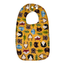 Load image into Gallery viewer, Baby bib Everyday Bib by Mimi&#39;s Little Loveys. Fun and vibrant design, featuring group of Maine friends - bear, beaver, deer, fox, raccoon, and skunk - on a mustard yellow background. Backing is soft, white, terry cloth.
