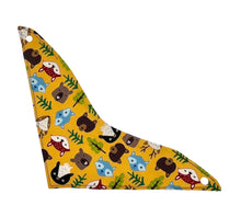 Load image into Gallery viewer, Baby bandana bib by Mimi&#39;s Little Loveys. Fun and vibrant design, featuring group of Maine friends - bear, beaver, deer, fox, raccoon, and skunk - on a mustard yellow background. Backing is soft flannel.
