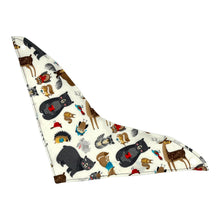 Load image into Gallery viewer, Baby bandana bib by Mimi&#39;s Little Loveys. Front features a collection of Maine critters: bears, cardinals, deer, moose, owls, porcupines, raccoons, squirrels, all on a white background. Backing is soft, white, flannel.
