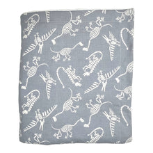 Load image into Gallery viewer, Baby Blanket by Mimi&#39;s Little Loveys. Fun, white, dinosaur skeletons on a gray background. Backing is white dimple dot minky.
