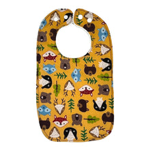 Load image into Gallery viewer, Baby bib Everyday Bib by Mimi&#39;s Little Loveys. Fun and vibrant design, featuring group of Maine friends - bear, beaver, deer, fox, raccoon, and skunk - on a mustard yellow background. Backing is soft, white, terry cloth.
