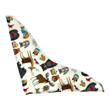 Load image into Gallery viewer, Baby bandana bib by Mimi&#39;s Little Loveys. Front features a collection of Maine critters: bears, cardinals, deer, moose, owls, porcupines, raccoons, squirrels, all on a white background. Backing is soft, white, flannel.
