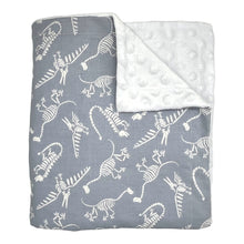 Load image into Gallery viewer, Baby Blanket by Mimi&#39;s Little Loveys. Fun, white, dinosaur skeletons on a gray background. Backing is white dimple dot minky.
