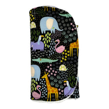 Load image into Gallery viewer, Burpcloth set by Mimi&#39;s Little Loveys. Fun and vibrant design, featuring crocodiles, elephants, flamingos, giraffes, hippos, tortoises, plants, and flowers, on a black background. Backing is soft, white, terry cloth.
