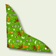 Load image into Gallery viewer, Baby bandana bib, with bears, foxes, hedgehogs, owls, raccoons, squirrels, on a green background.

