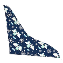 Load image into Gallery viewer, Baby bandana-style bib with penguins fishing, icebergs, and snowflakes, on a blue background. Bib is unfolded to show whole front.
