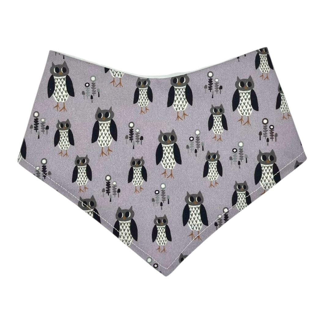 Light purple baby bandana bib with owl pattern.