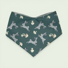 Load image into Gallery viewer, Baby bandana bib with rabbit and mushroom pattern on a teal background
