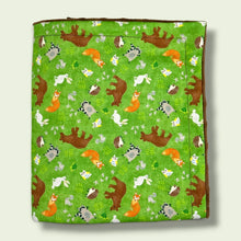 Load image into Gallery viewer, Kids blanket, with bears, foxes, hedgehogs, owls, raccoons, squirrels, on a green background.
