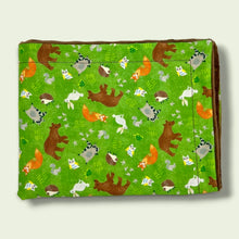 Load image into Gallery viewer, Kids blanket, with bears, foxes, hedgehogs, owls, raccoons, squirrels, on a green background.
